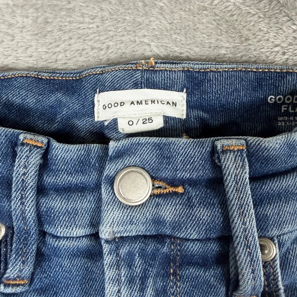 Good American Good Legs Flare Jeans Women 0/25 Blue Mid Rise Distressed NWT